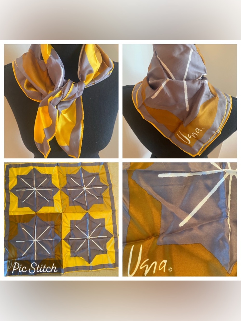 Vera Neumann Vintage Square Geometric Stardust Design Yellow, Gray & White.